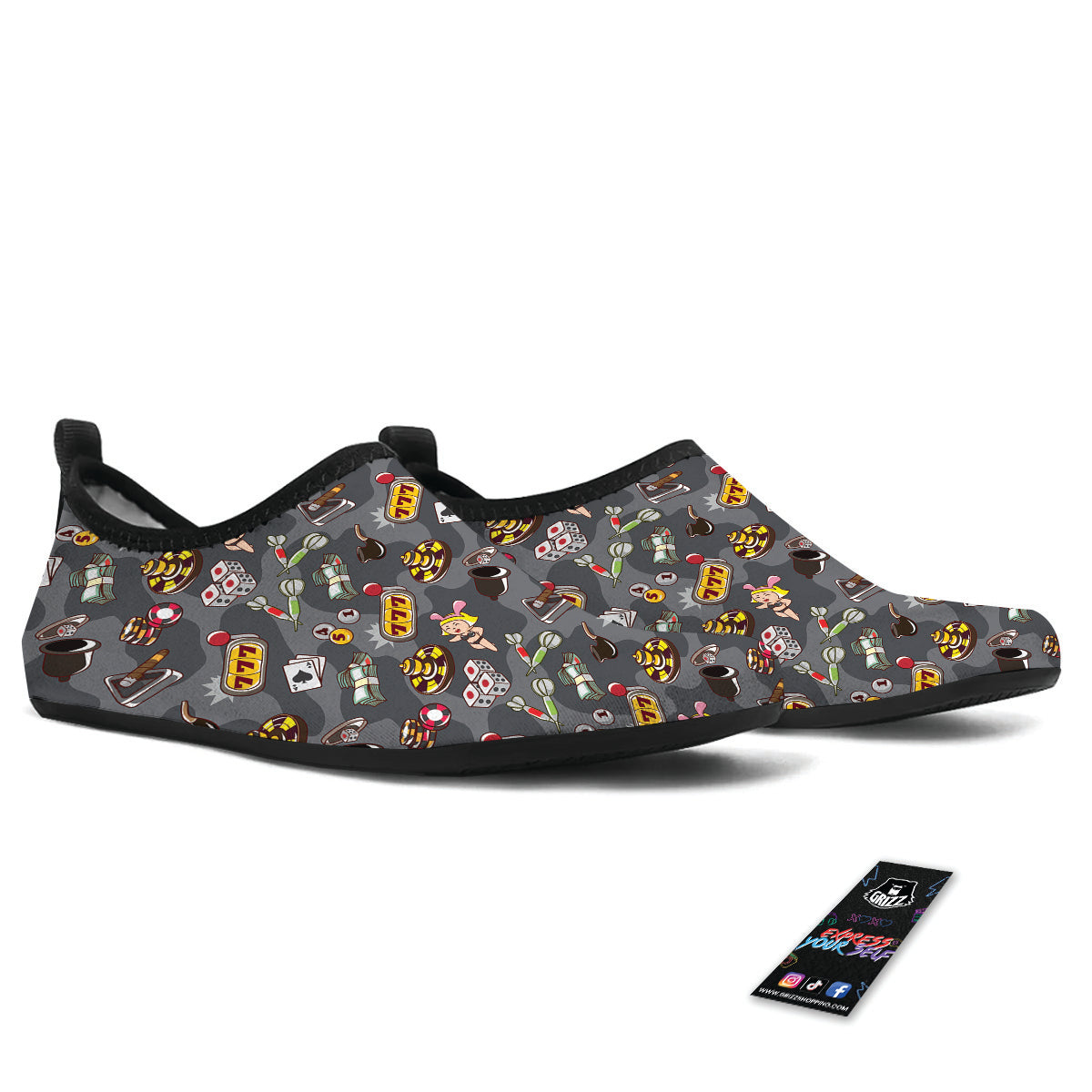 Grey Cute Casino Print Pattern Water Shoes-grizzshop