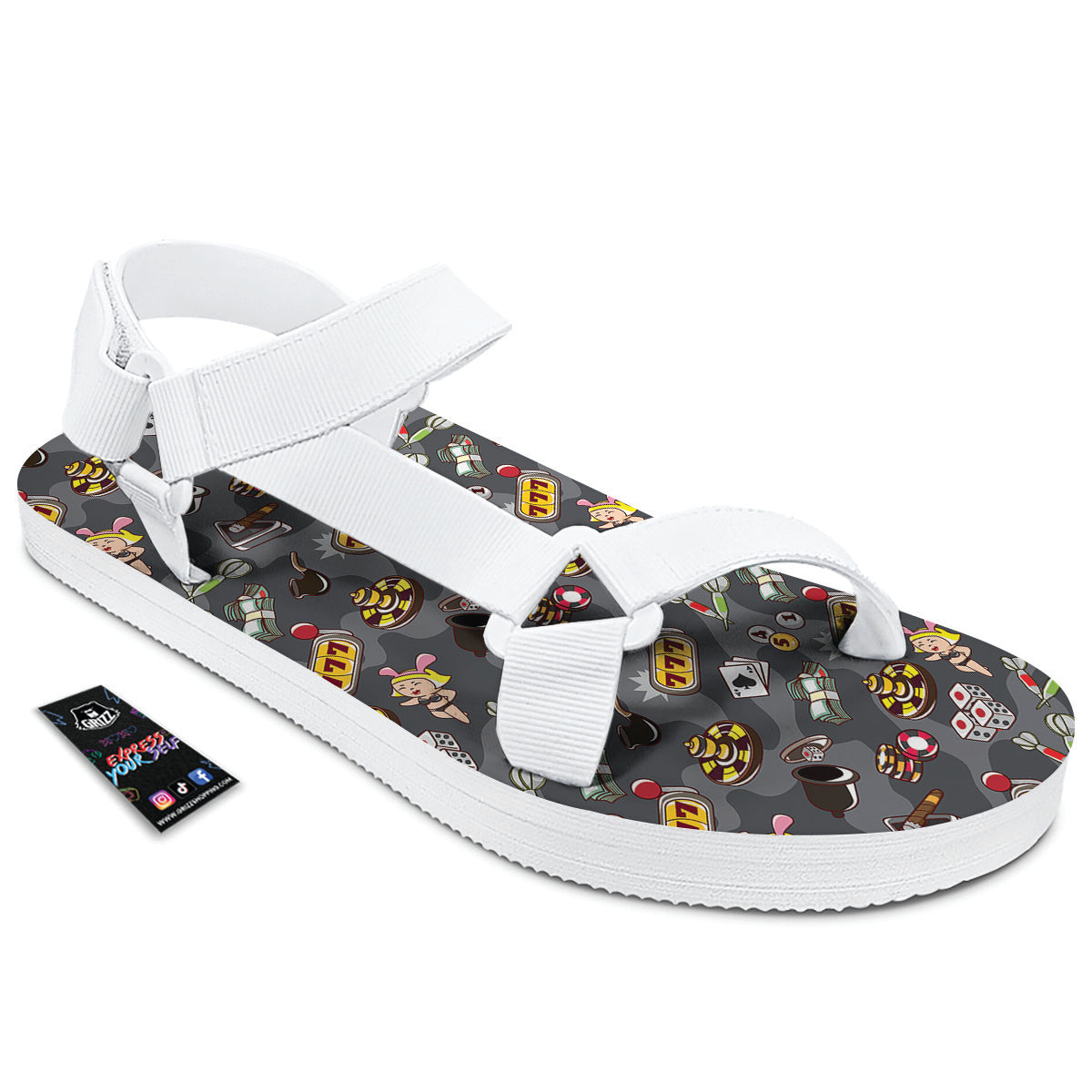 Grey Cute Casino Print Pattern White Open Toe Sandals-grizzshop