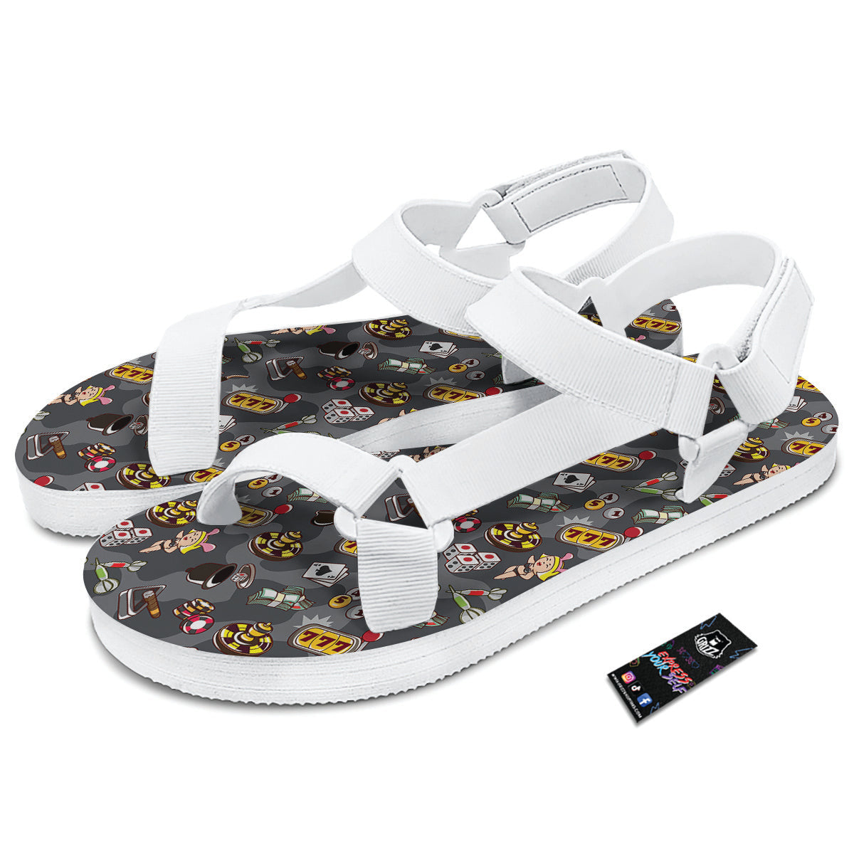 Grey Cute Casino Print Pattern White Open Toe Sandals-grizzshop