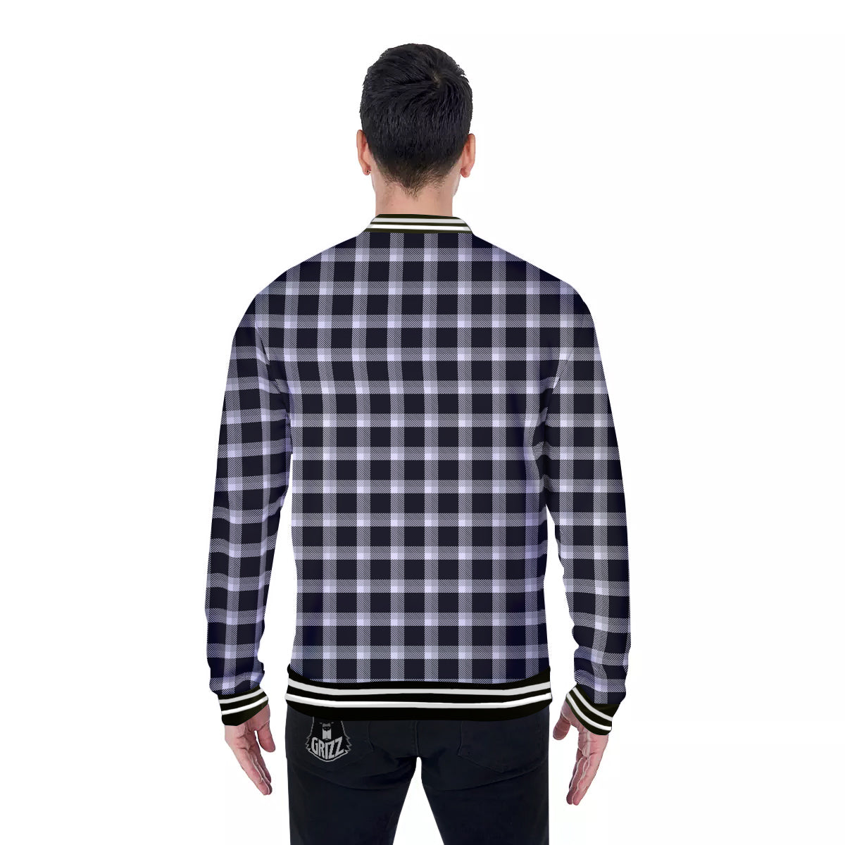 Grey Dark And White Gingham Print Baseball Jacket-grizzshop
