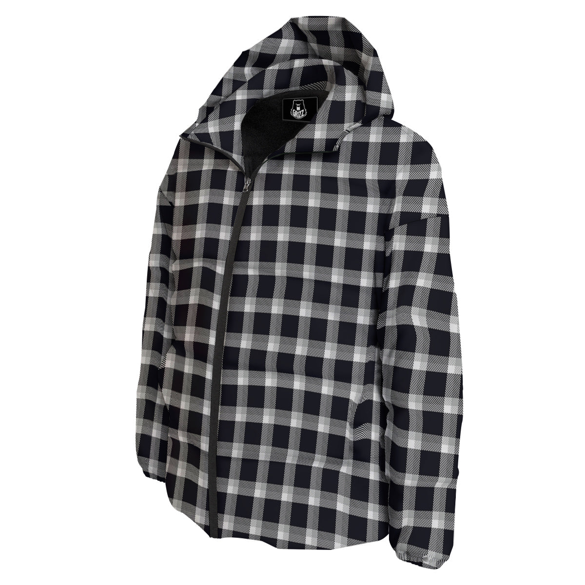 Grey Dark And White Gingham Print Down Jacket-grizzshop