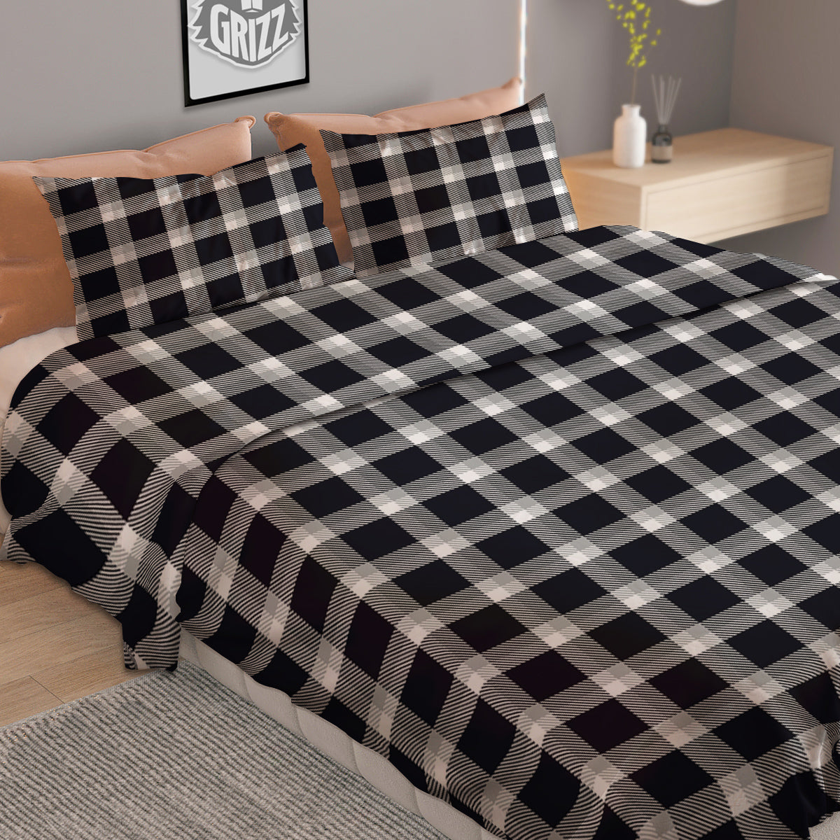 Grey Dark And White Gingham Print Duvet Cover Bedding Set
