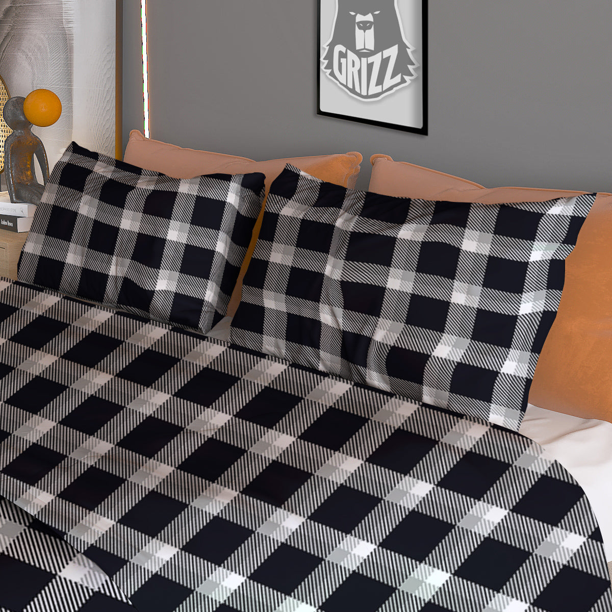 Grey Dark And White Gingham Print Duvet Cover Bedding Set