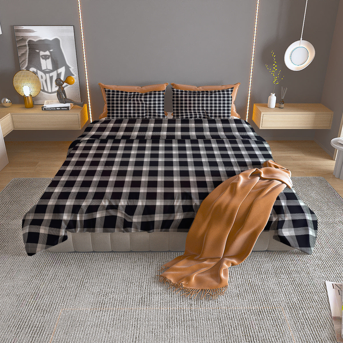 Grey Dark And White Gingham Print Duvet Cover Bedding Set