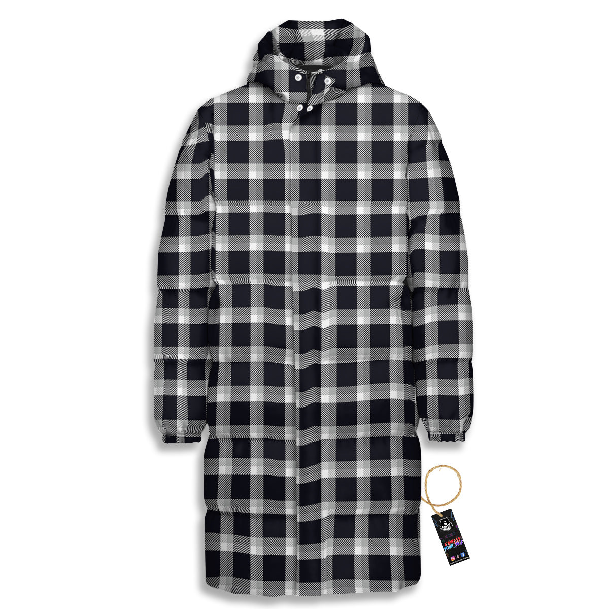 Grey Dark And White Gingham Print Long Down Jacket-grizzshop