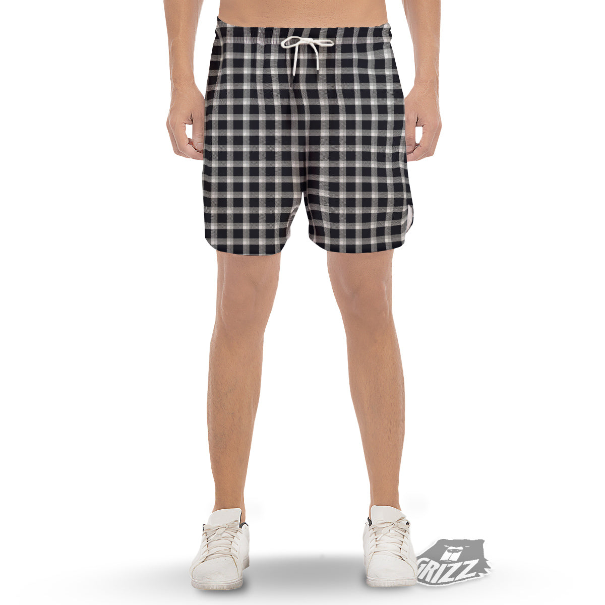 Grey Dark And White Gingham Print Men's Gym Shorts-grizzshop