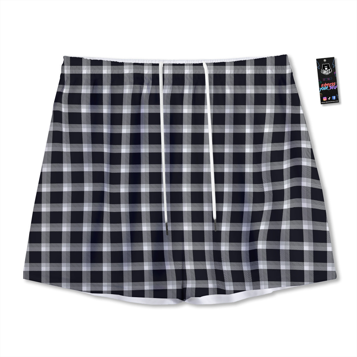 Grey Dark And White Gingham Print Mesh Shorts