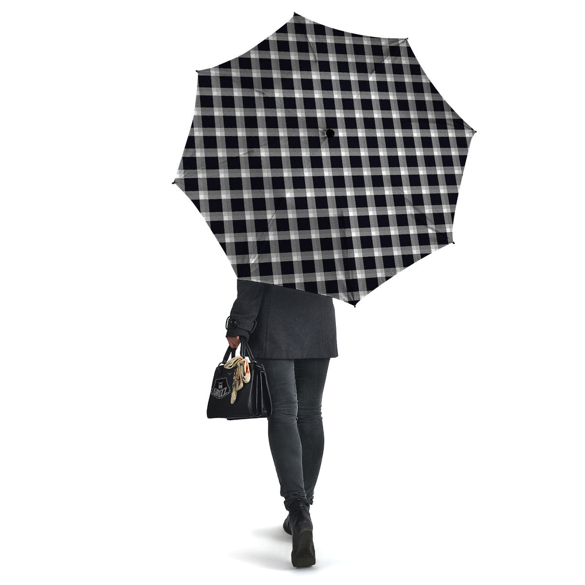 Grey Dark And White Gingham Print Umbrella-grizzshop