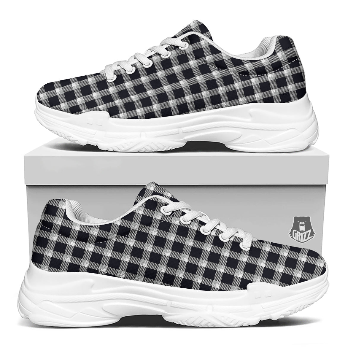Grey Dark And White Gingham Print White Chunky Shoes-grizzshop