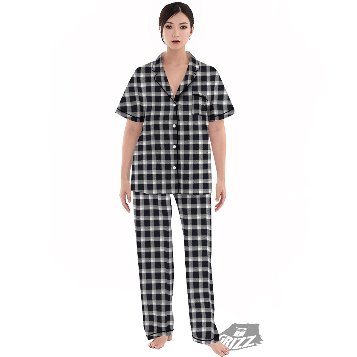 Grey Dark And White Gingham Print Women's Pajamas Set-grizzshop