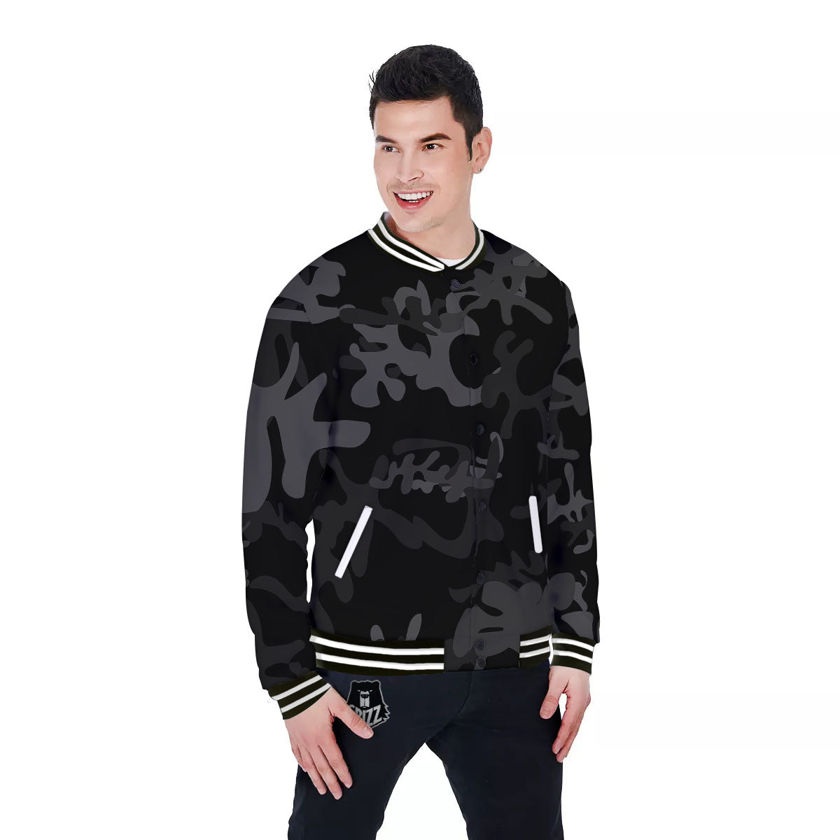 Grey Digital Camo Black Print Pattern Baseball Jacket-grizzshop