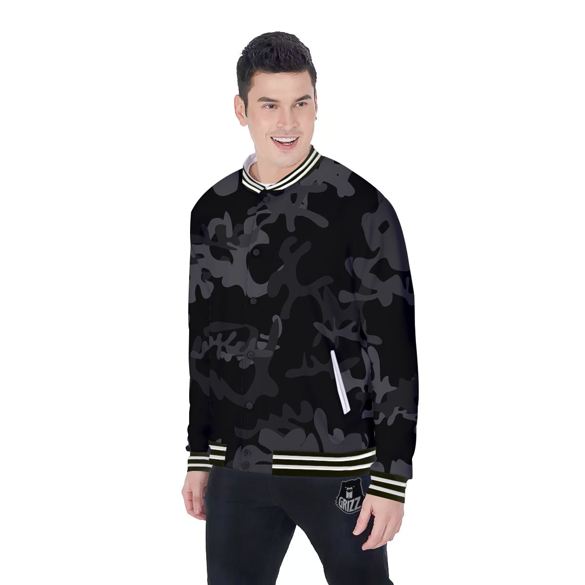 Grey Digital Camo Black Print Pattern Baseball Jacket-grizzshop