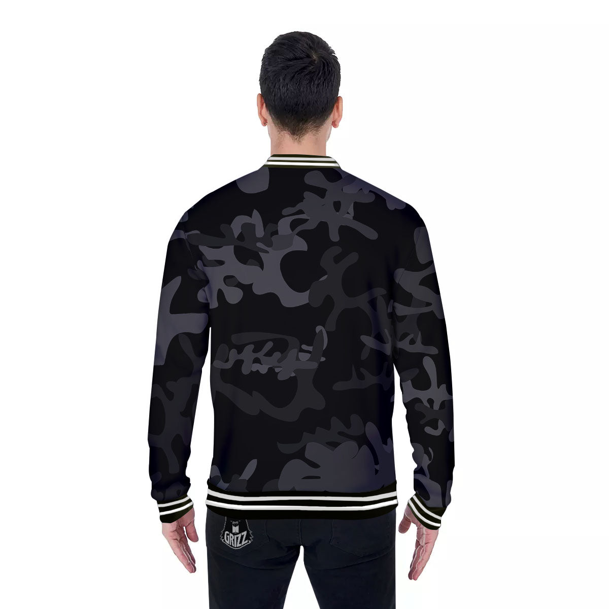 Grey Digital Camo Black Print Pattern Baseball Jacket-grizzshop