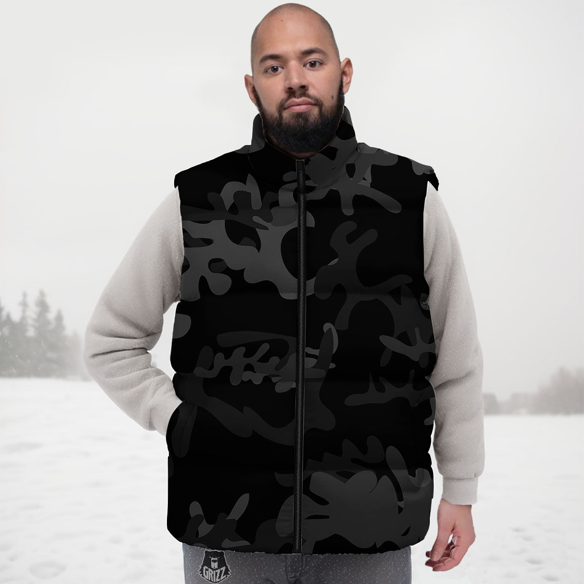 Grey Digital Camo Black Print Pattern Down Vest