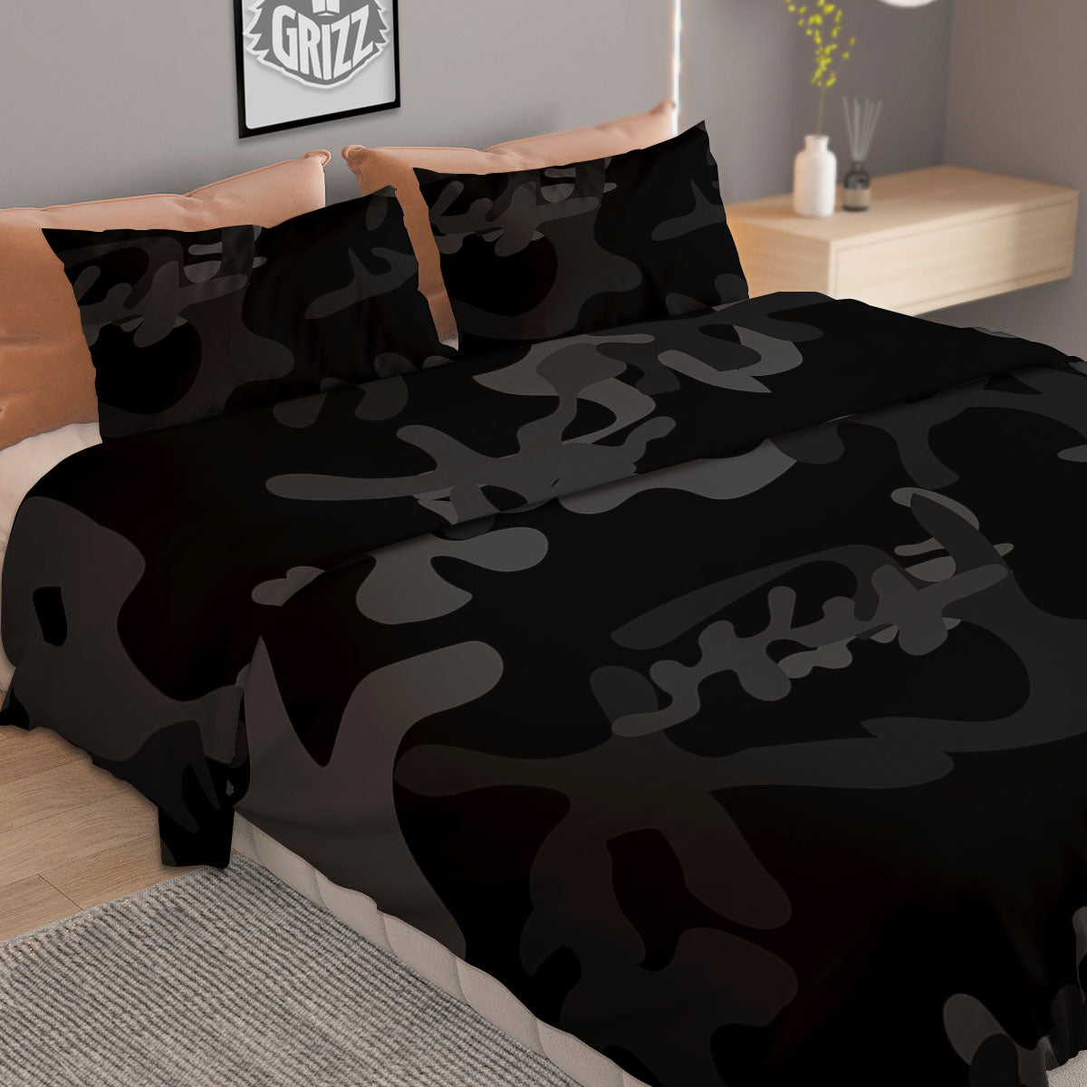 Grey Digital Camo Black Print Pattern Duvet Cover Bedding Set