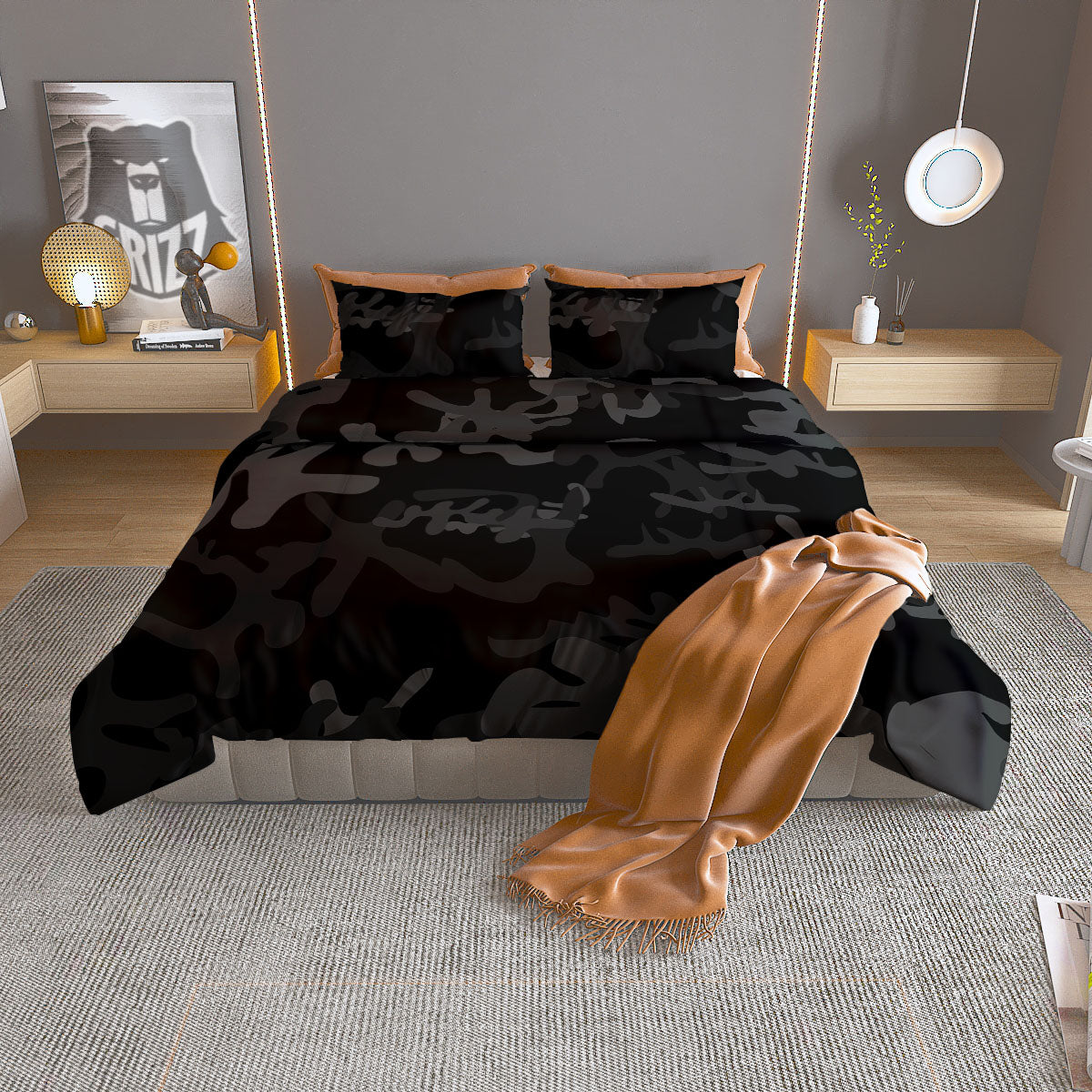 Grey Digital Camo Black Print Pattern Duvet Cover Bedding Set
