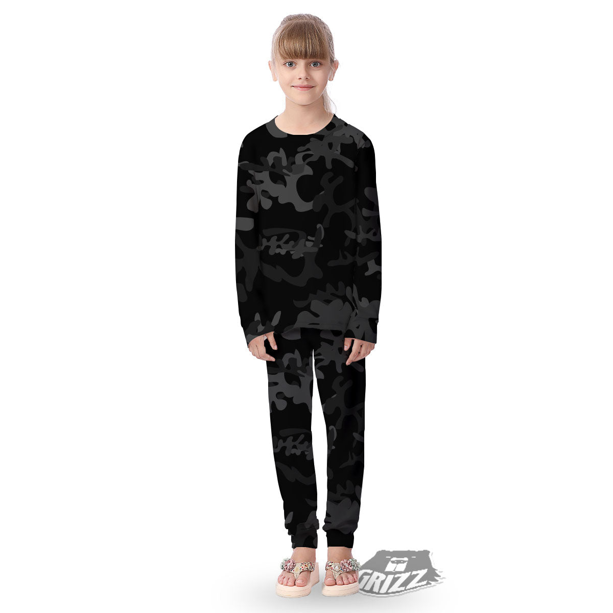 Grey Digital Camo Black Print Pattern Kid's Pajamas-grizzshop