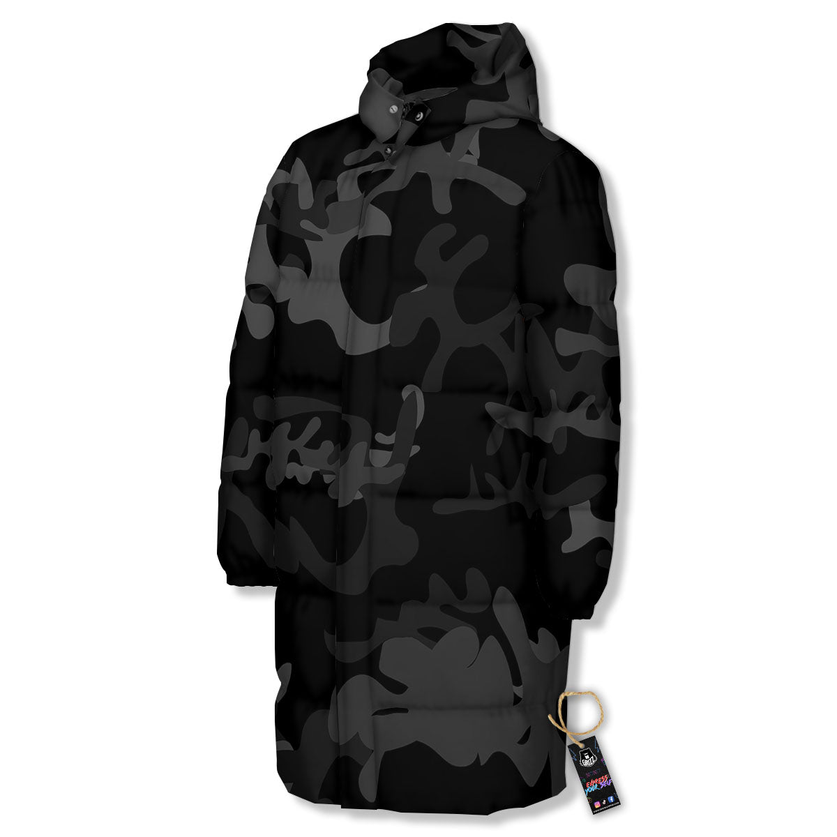 Grey Digital Camo Black Print Pattern Long Down Jacket-grizzshop