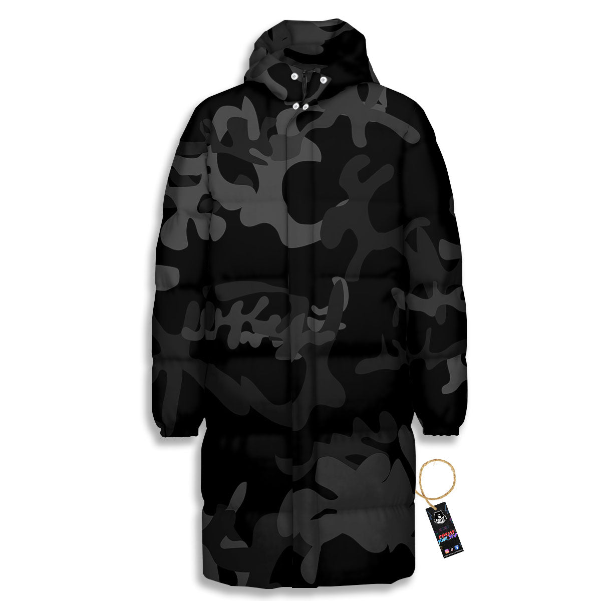 Grey Digital Camo Black Print Pattern Long Down Jacket-grizzshop