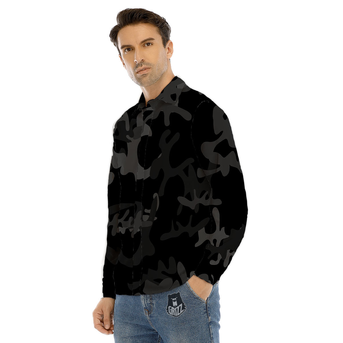 Grey Digital Camo Black Print Pattern Men's Dress Shirts-grizzshop