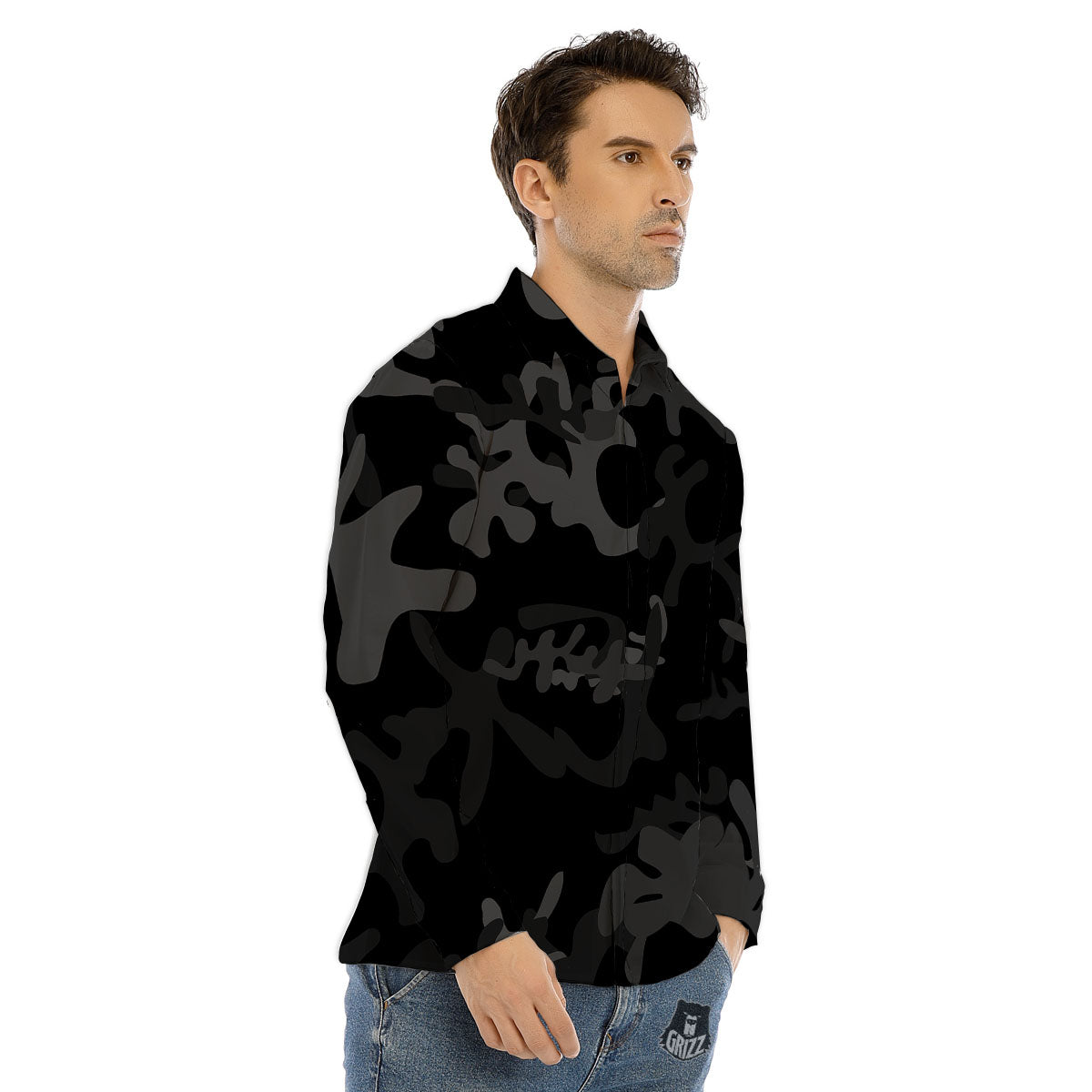 Grey Digital Camo Black Print Pattern Men's Dress Shirts-grizzshop