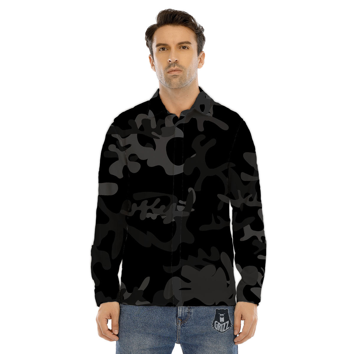 Grey Digital Camo Black Print Pattern Men's Dress Shirts-grizzshop