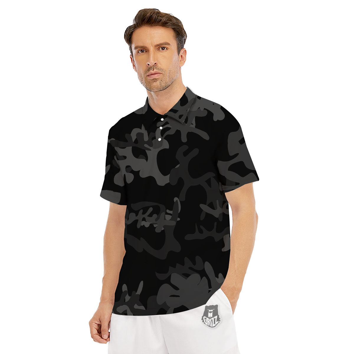 Grey Digital Camo Black Print Pattern Men's Golf Shirts-grizzshop
