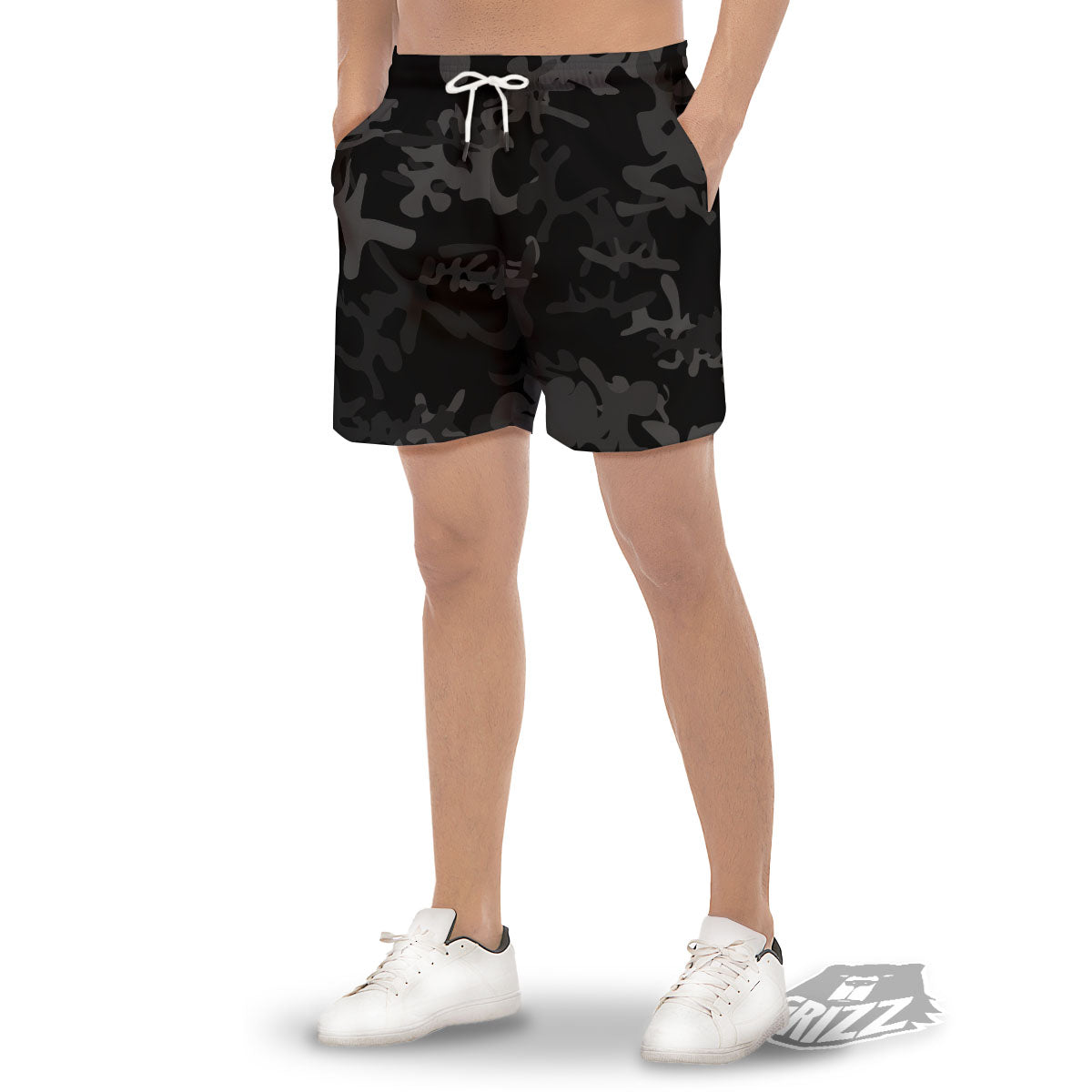 Grey Digital Camo Black Print Pattern Men's Gym Shorts-grizzshop