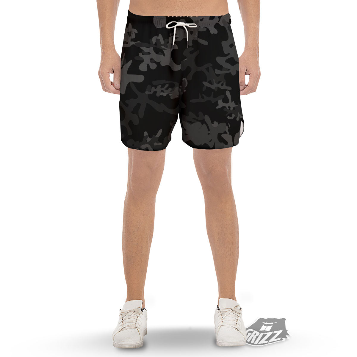 Grey Digital Camo Black Print Pattern Men's Gym Shorts-grizzshop