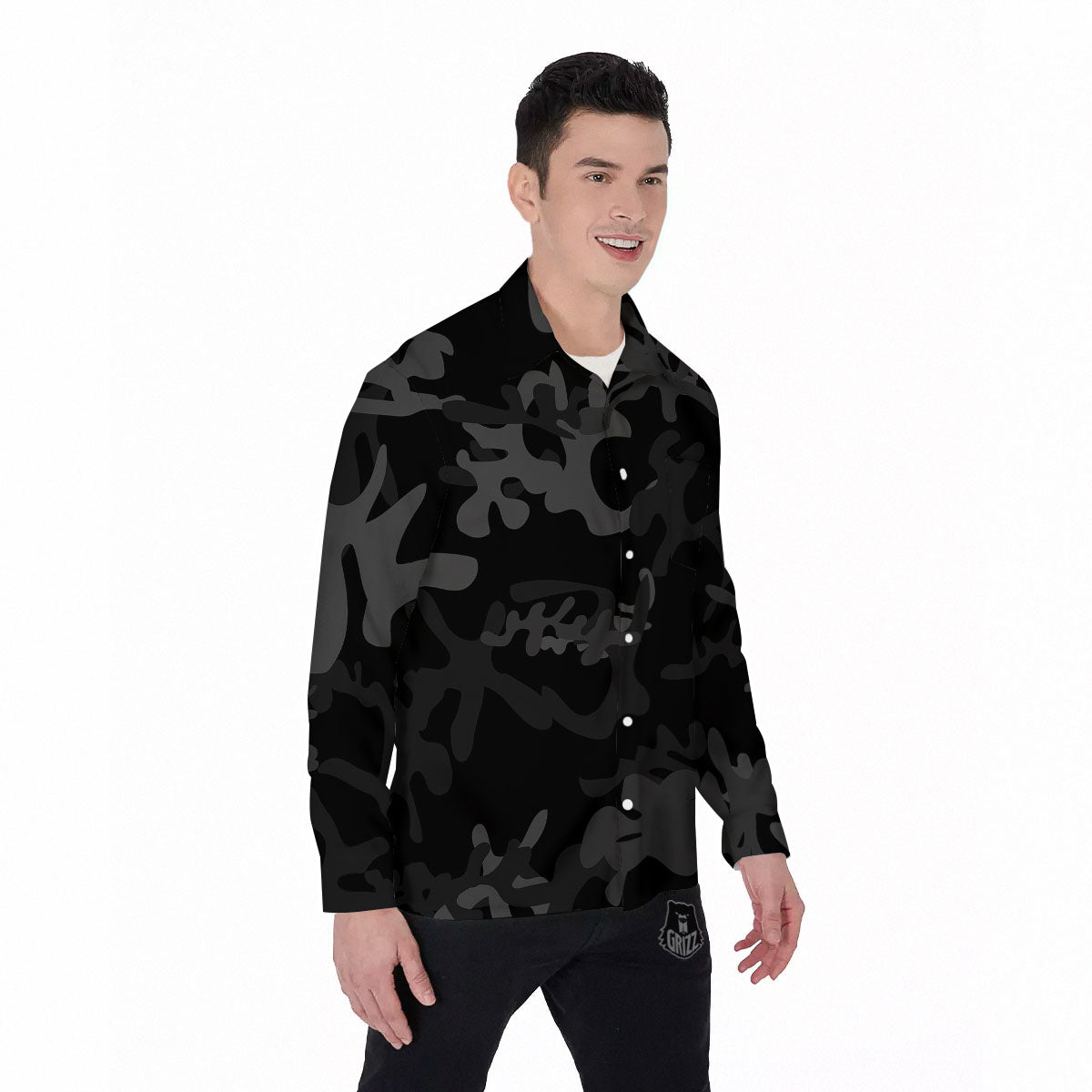 Grey Digital Camo Black Print Pattern Men's Long Sleeve Shirts-grizzshop