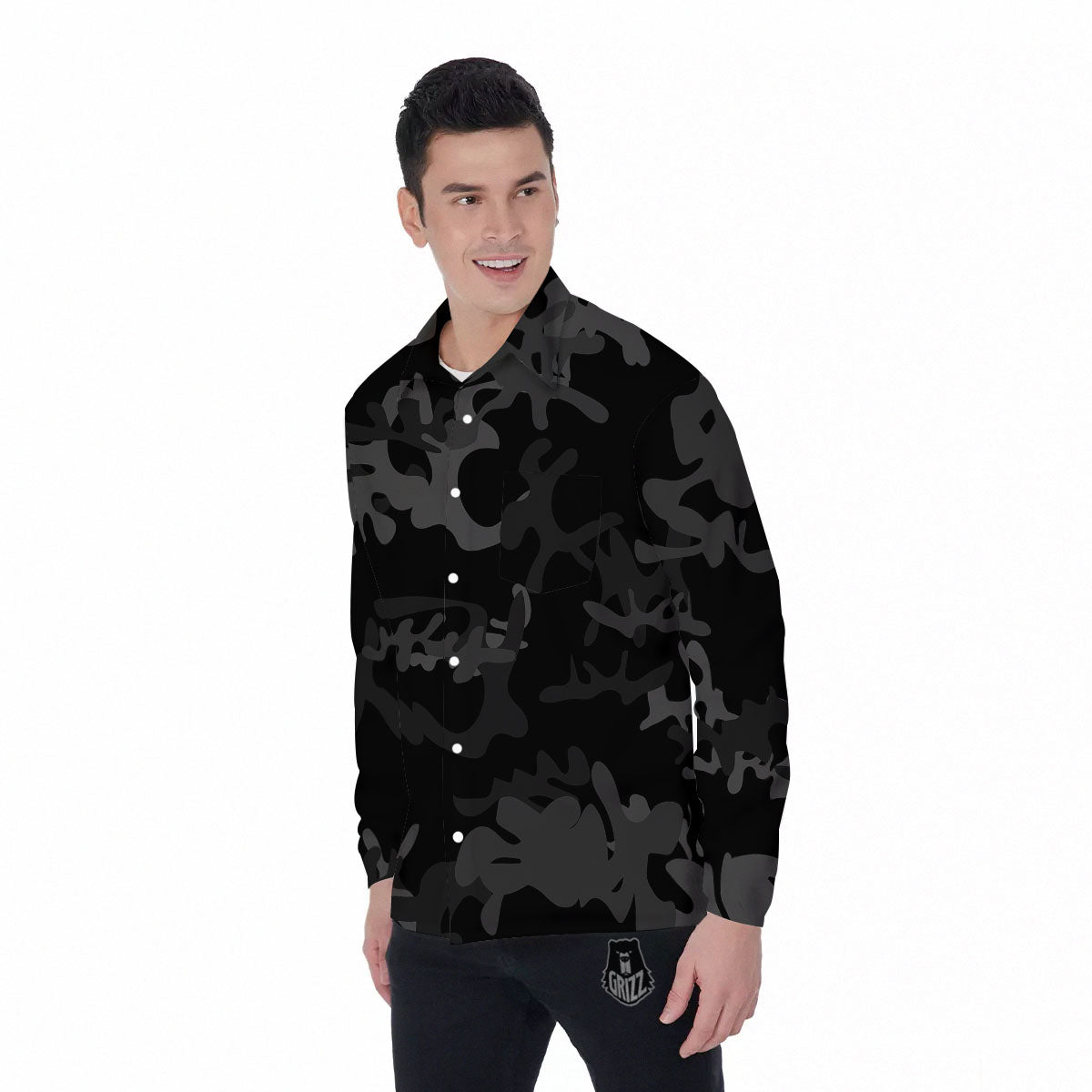 Grey Digital Camo Black Print Pattern Men's Long Sleeve Shirts-grizzshop