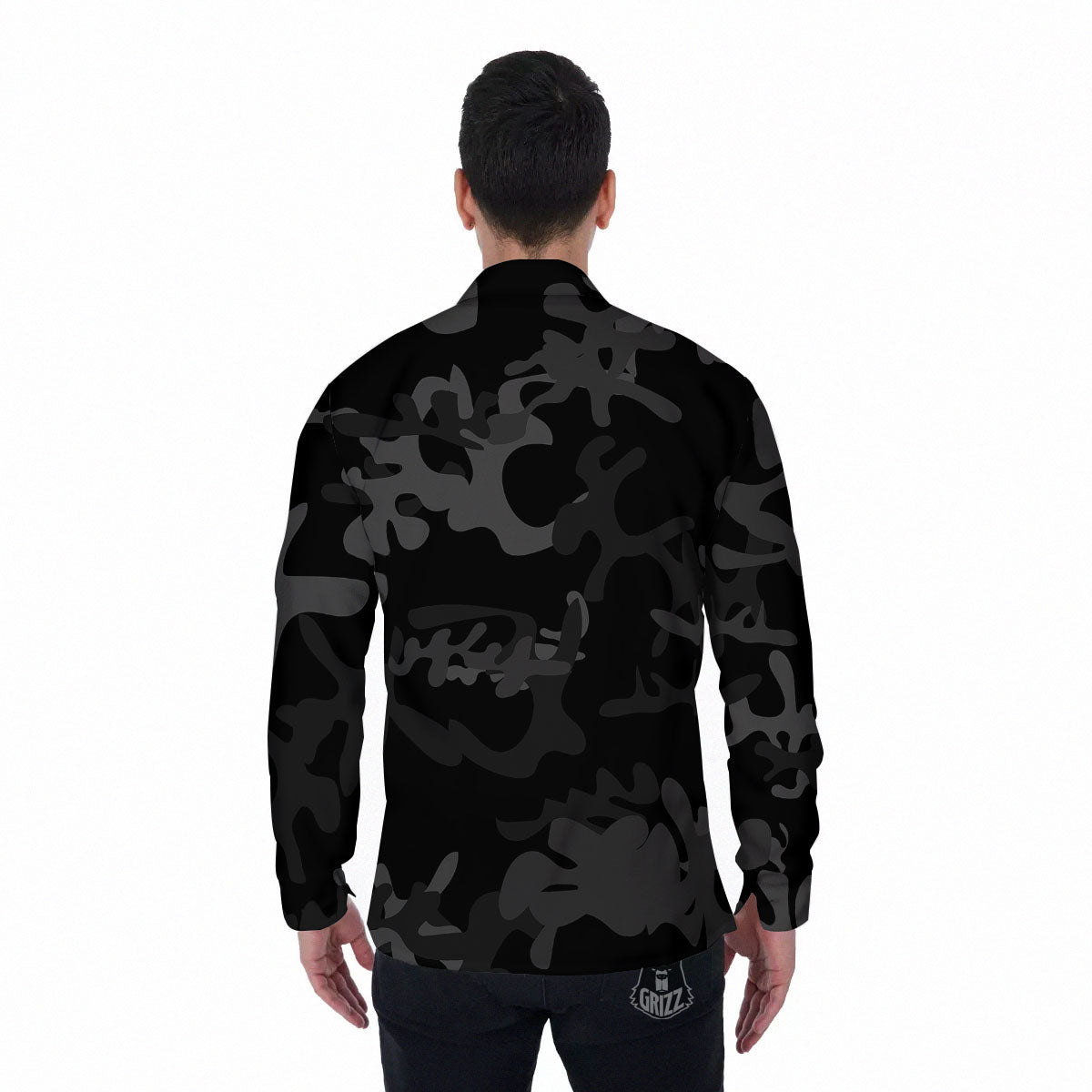 Grey Digital Camo Black Print Pattern Men's Long Sleeve Shirts-grizzshop