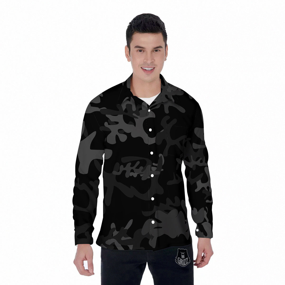 Grey Digital Camo Black Print Pattern Men's Long Sleeve Shirts-grizzshop