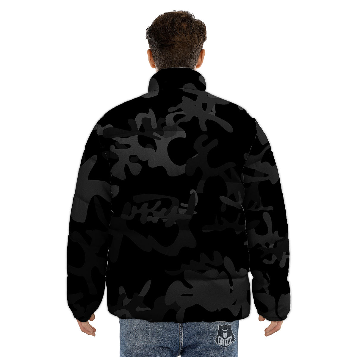 Grey Digital Camo Black Print Pattern Puffer Jacket-grizzshop