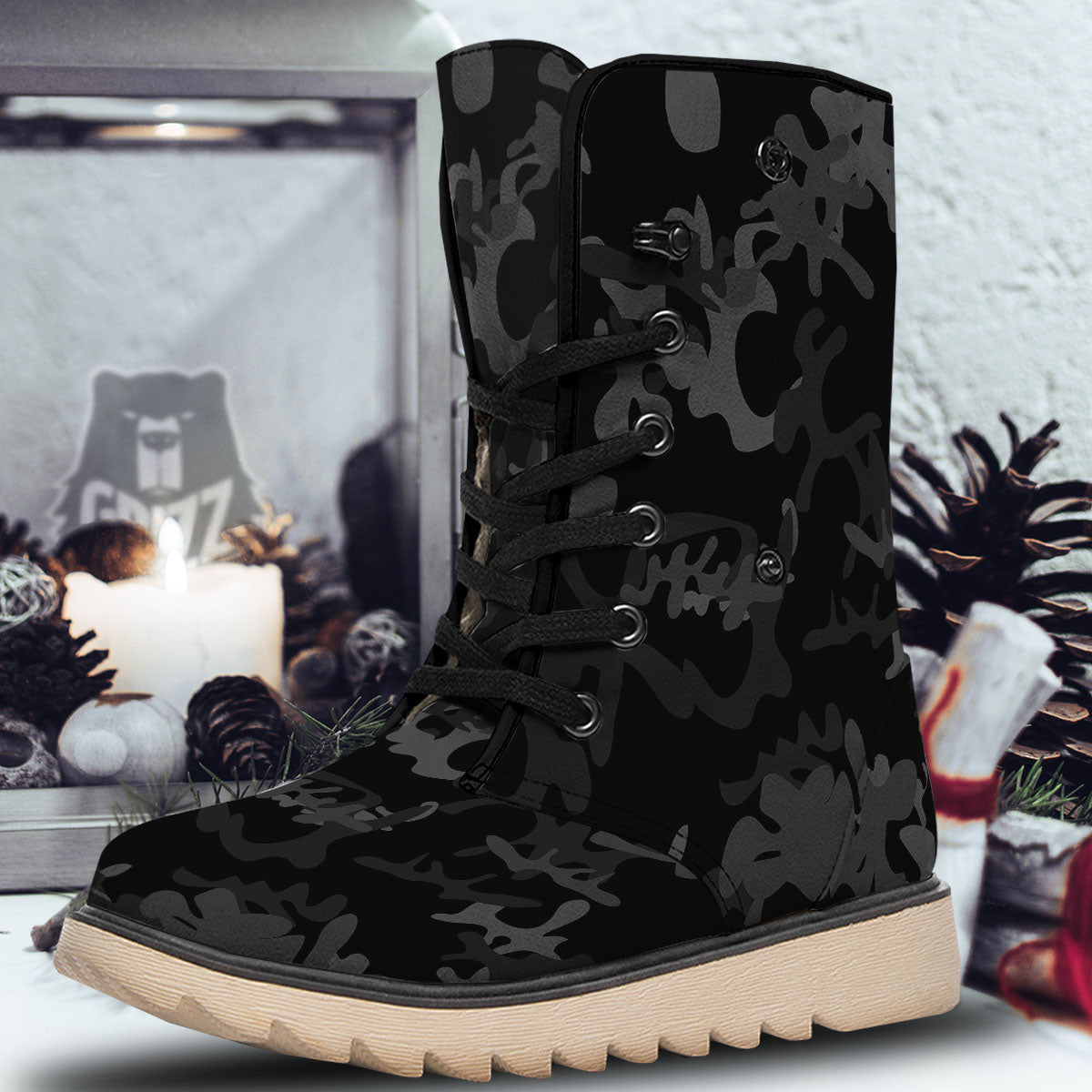 Grey Digital Camo Black Print Pattern Snow Boots-grizzshop
