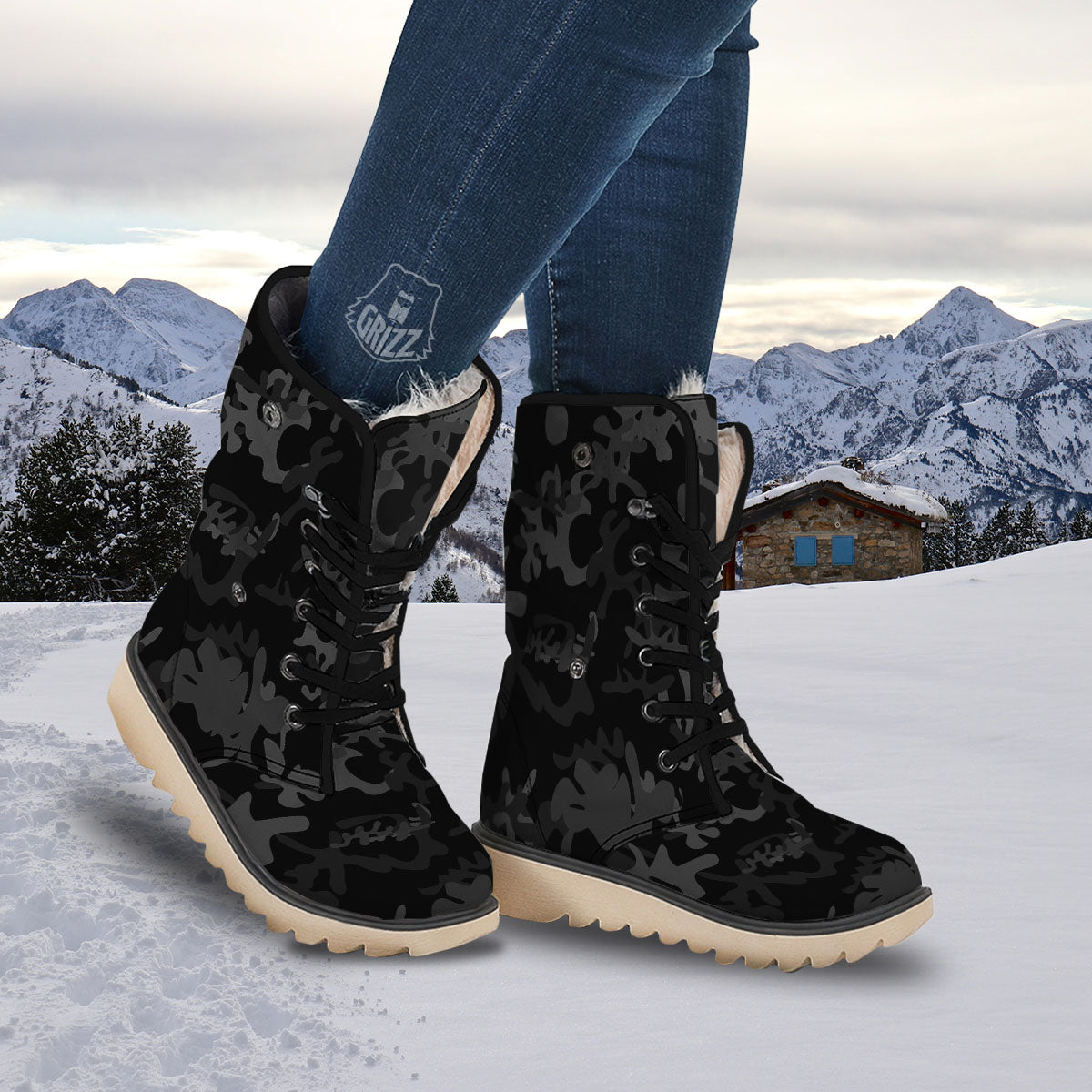 Grey Digital Camo Black Print Pattern Snow Boots-grizzshop