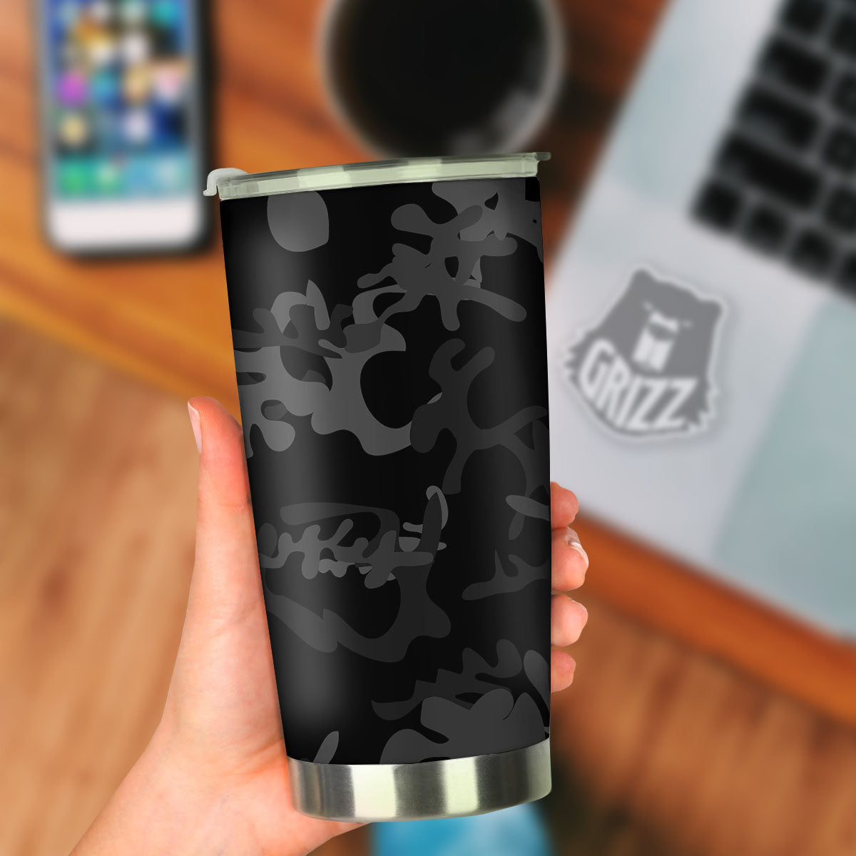 Grey Digital Camo Black Print Pattern Tumbler-grizzshop
