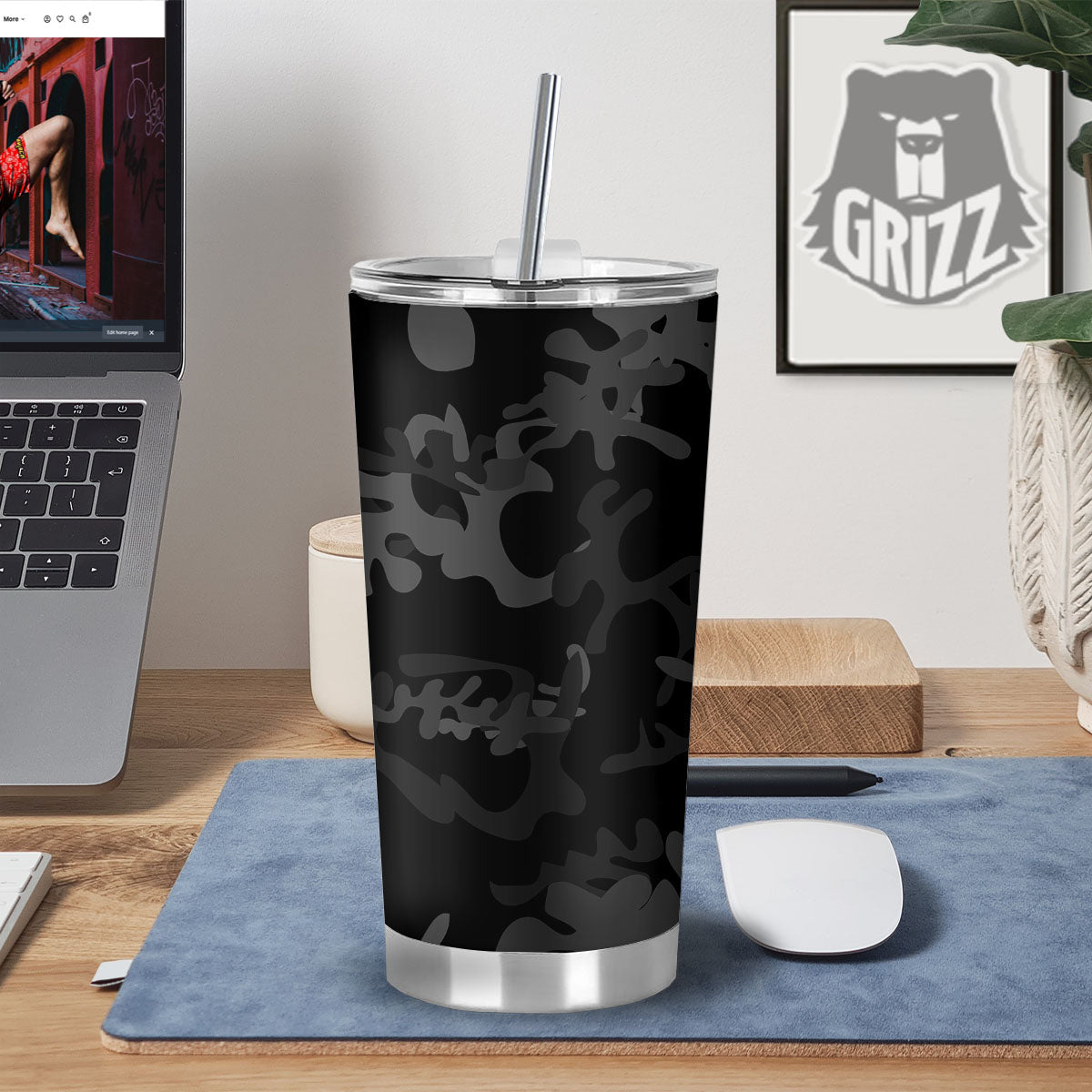 Grey Digital Camo Black Print Pattern Tumbler-grizzshop