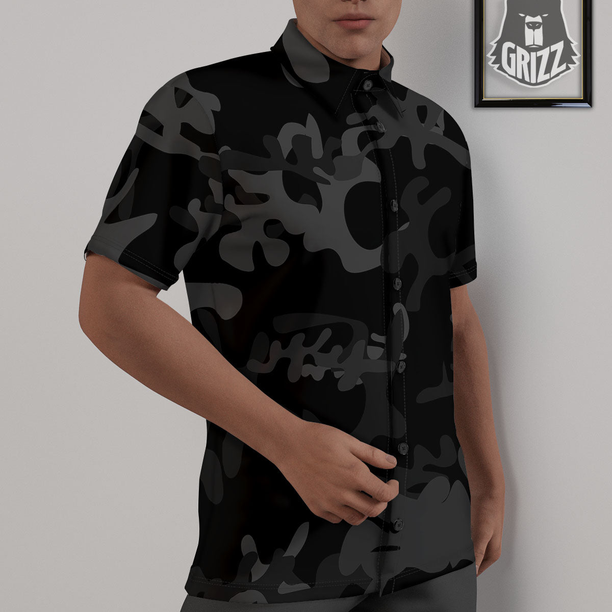 Grey Digital Camo Black Print Pattern Untucked Shirts-grizzshop