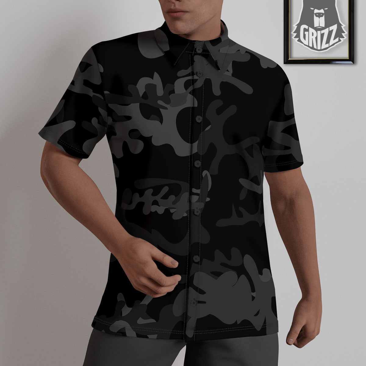 Grey Digital Camo Black Print Pattern Untucked Shirts-grizzshop