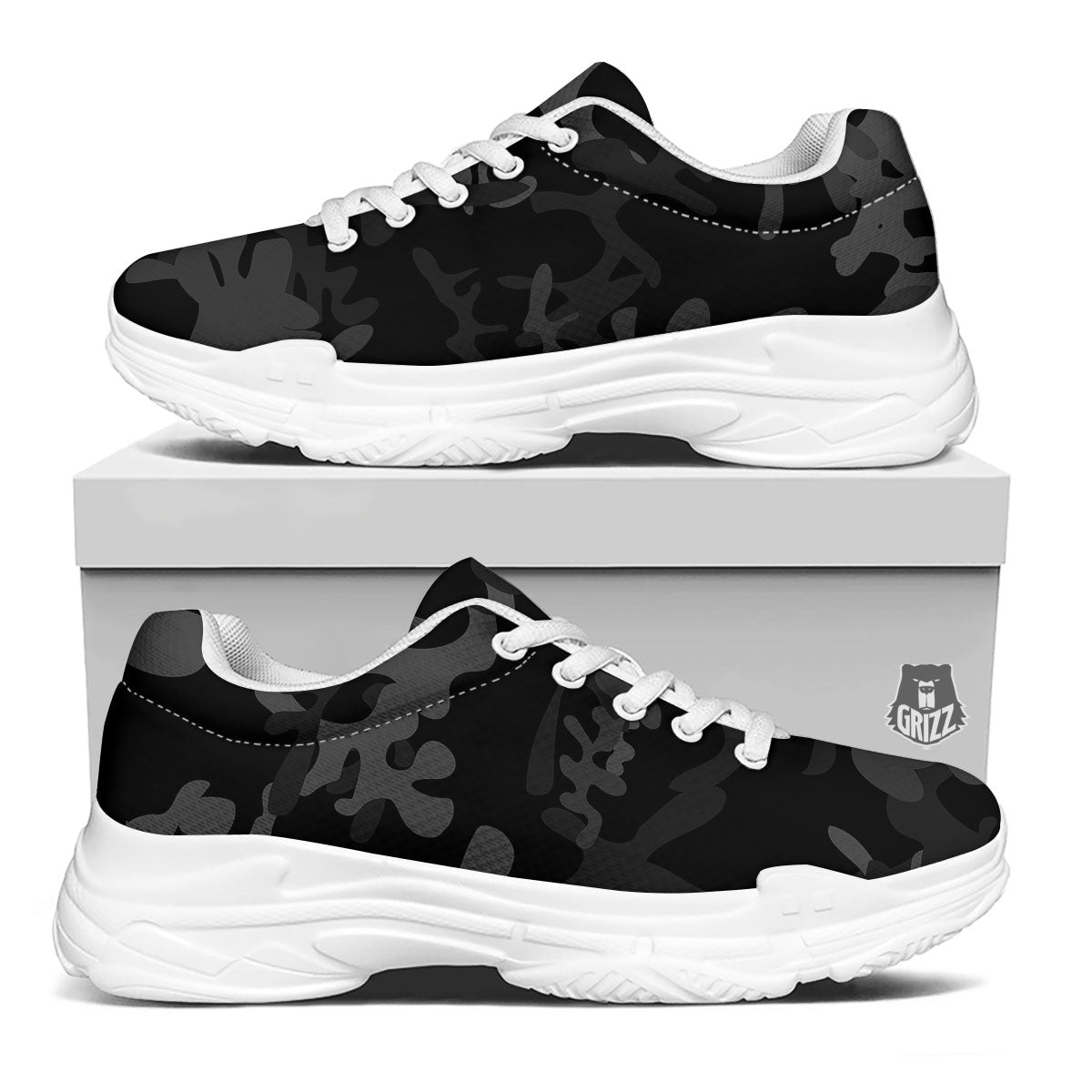 Grey Digital Camo Black Print Pattern White Chunky Shoes-grizzshop