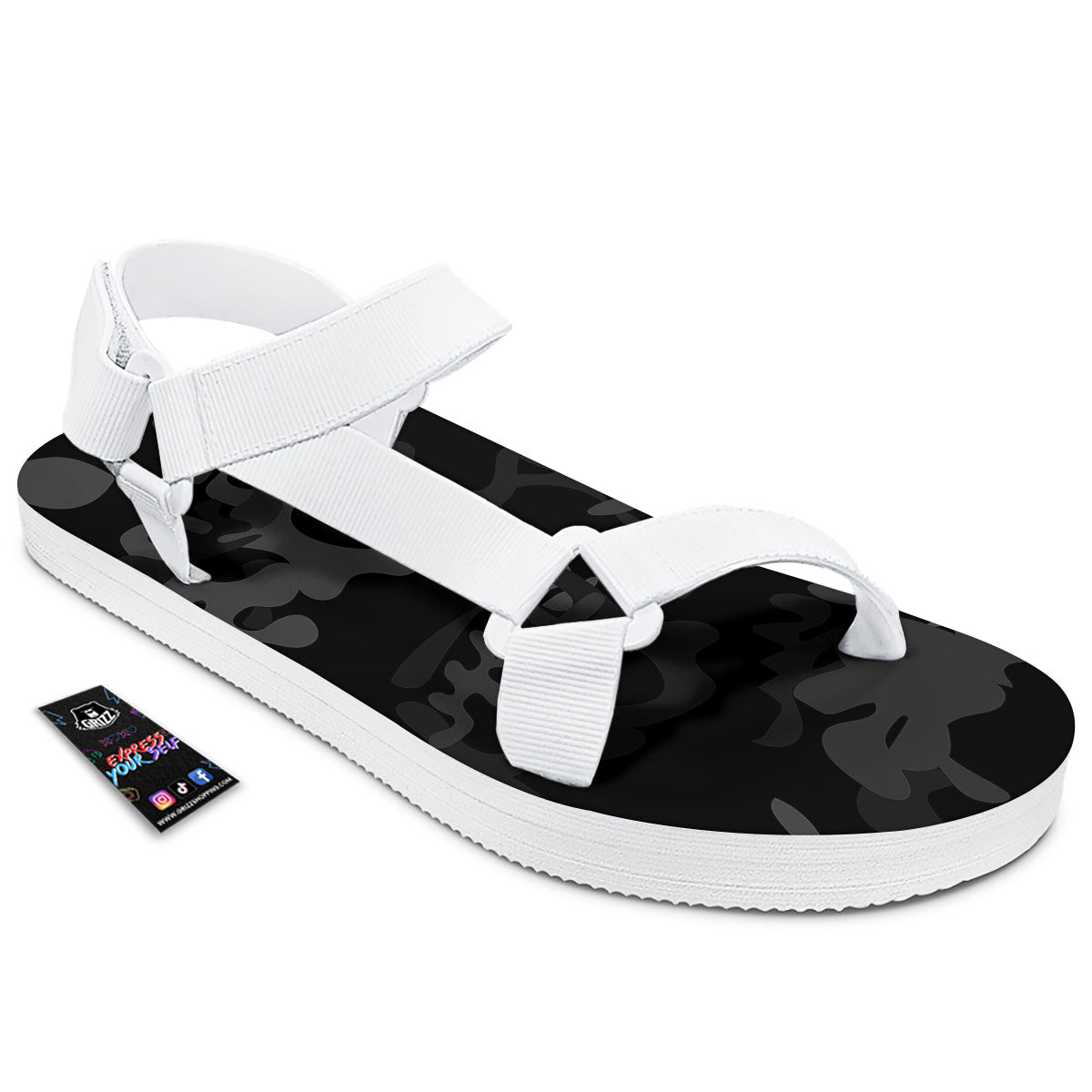 Grey Digital Camo Black Print Pattern White Open Toe Sandals-grizzshop