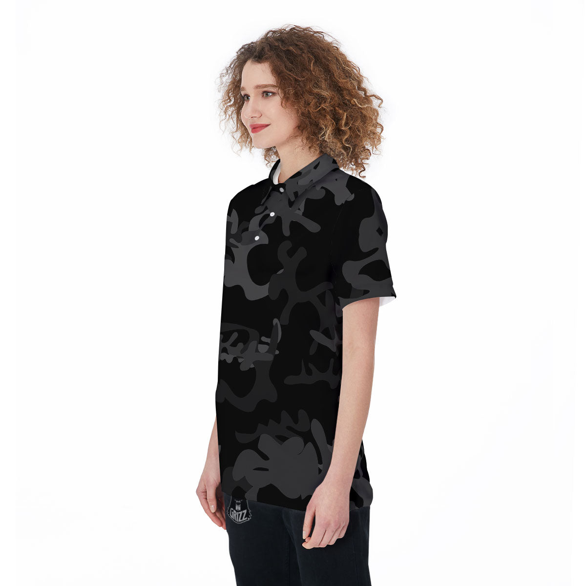 Grey Digital Camo Black Print Pattern Women's Golf Shirts-grizzshop