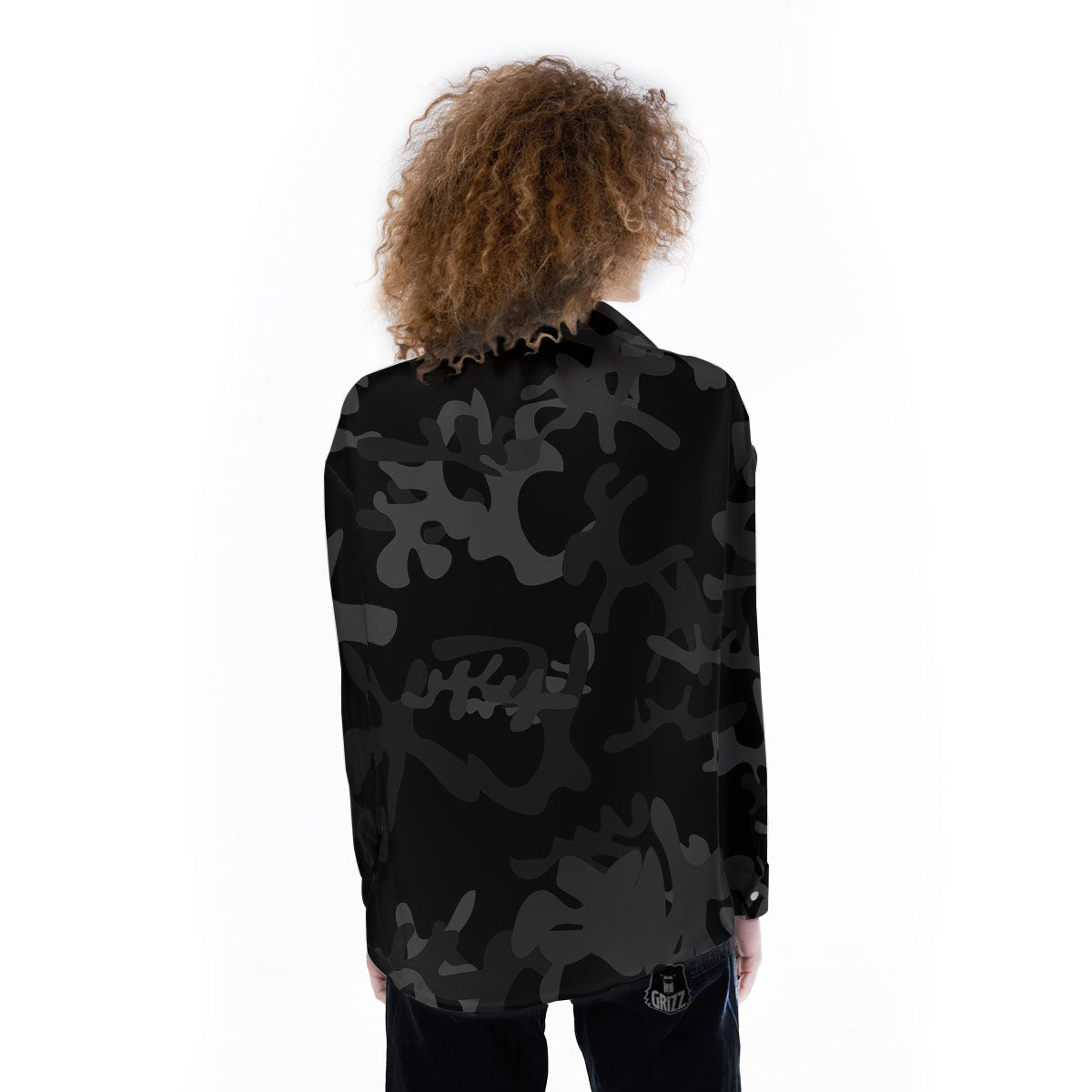 Grey Digital Camo Black Print Pattern Women's Long Sleeve Shirts-grizzshop