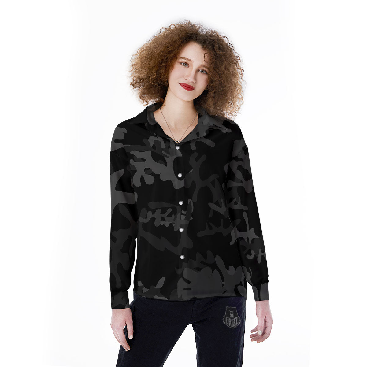 Grey Digital Camo Black Print Pattern Women's Long Sleeve Shirts-grizzshop