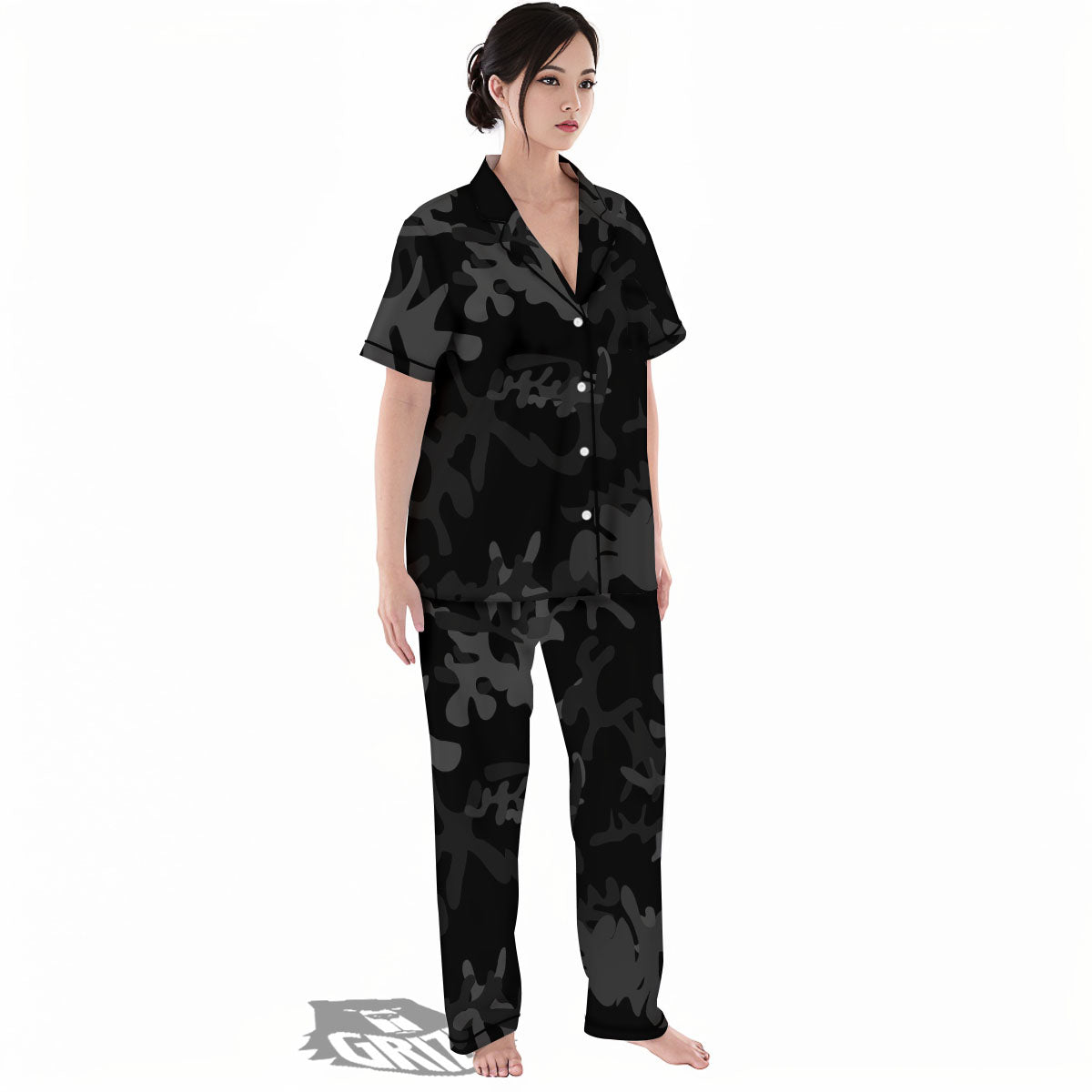 Grey Digital Camo Black Print Pattern Women's Pajamas Set-grizzshop