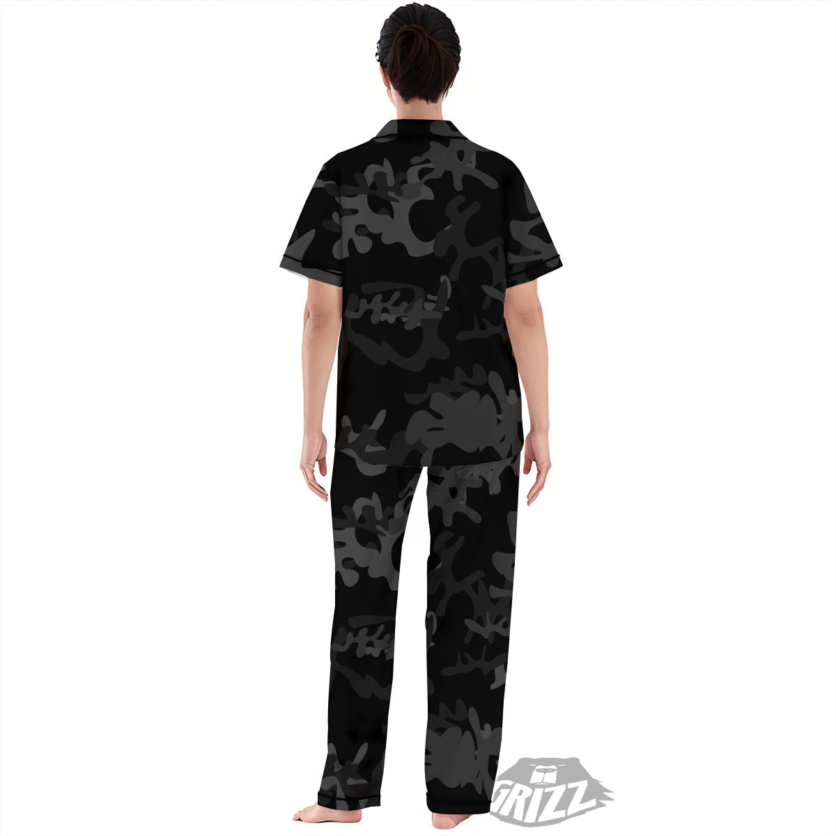Grey Digital Camo Black Print Pattern Women's Pajamas Set-grizzshop