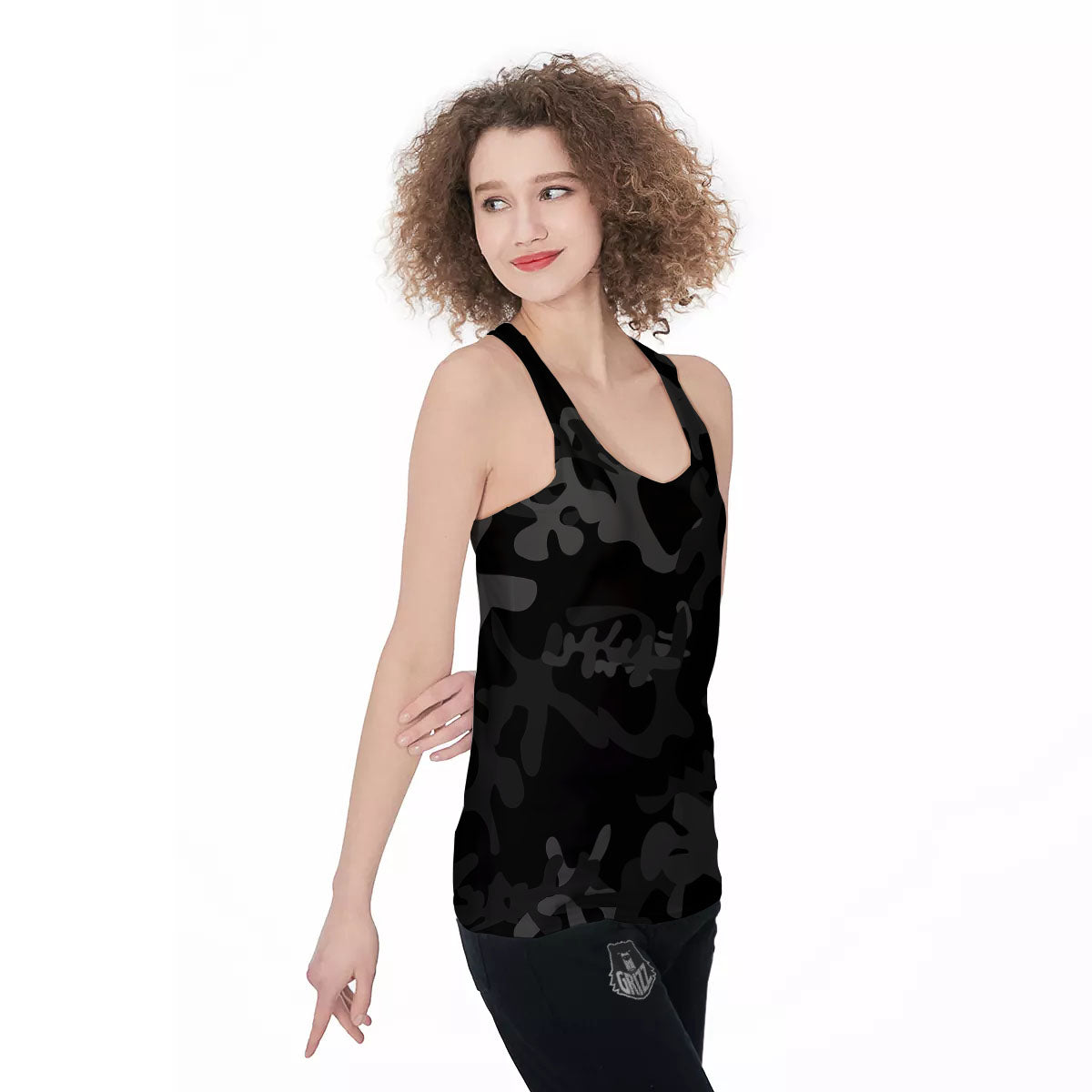 Grey Digital Camo Black Print Pattern Women's Racerback Tank Top-grizzshop