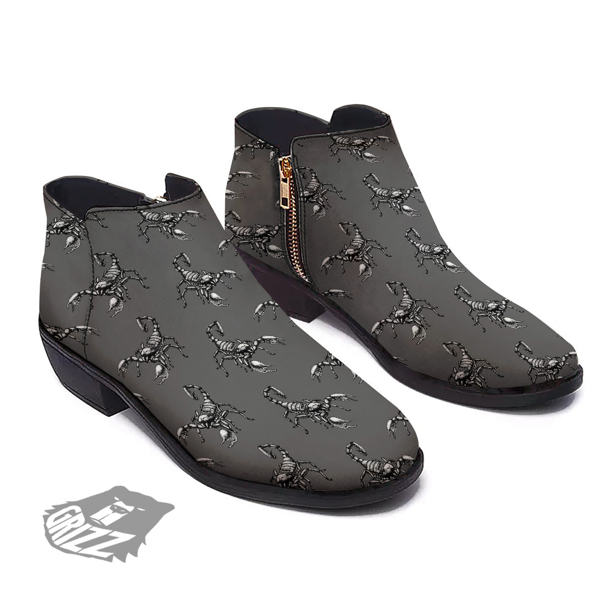 Grey Hand Drawn Scorpion Print Pattern Ankle Boots-grizzshop
