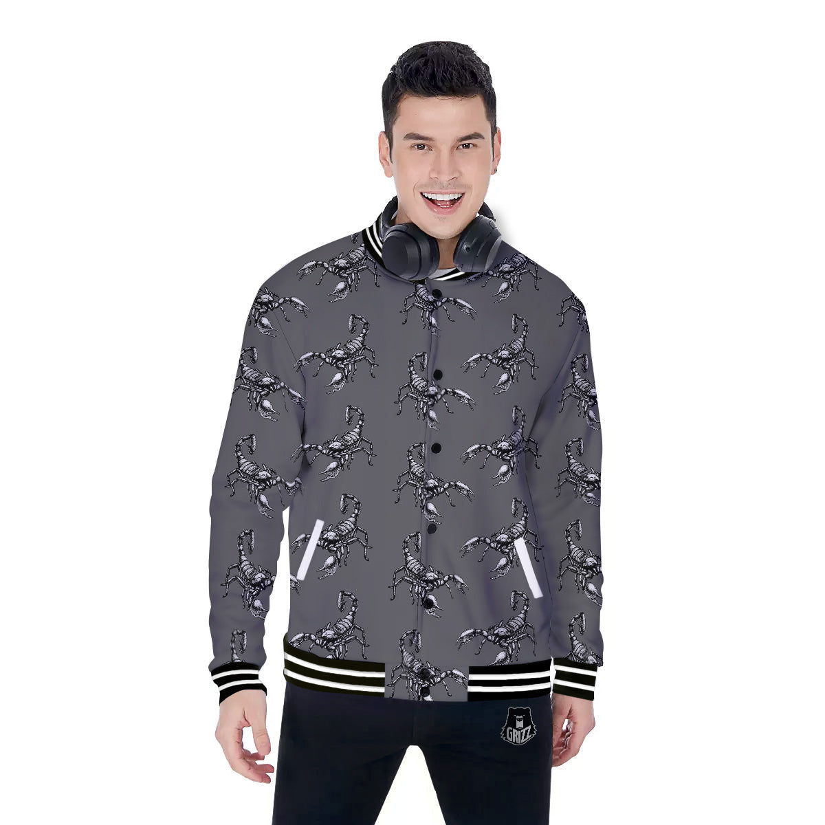 Grey Hand Drawn Scorpion Print Pattern Baseball Jacket-grizzshop